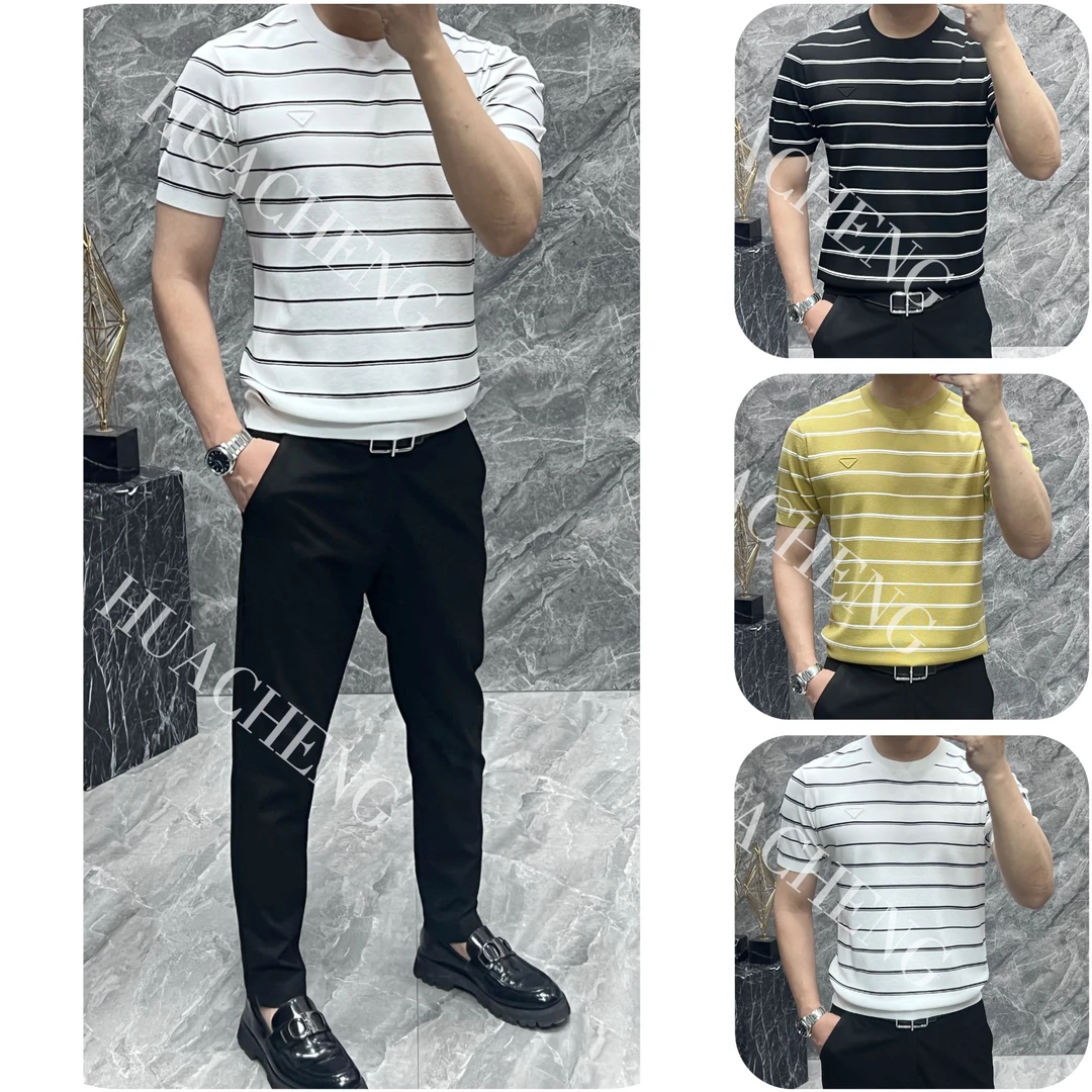 【HUACHENG】男士经典条纹款百搭高级舒适伊力特针织短袖 45114