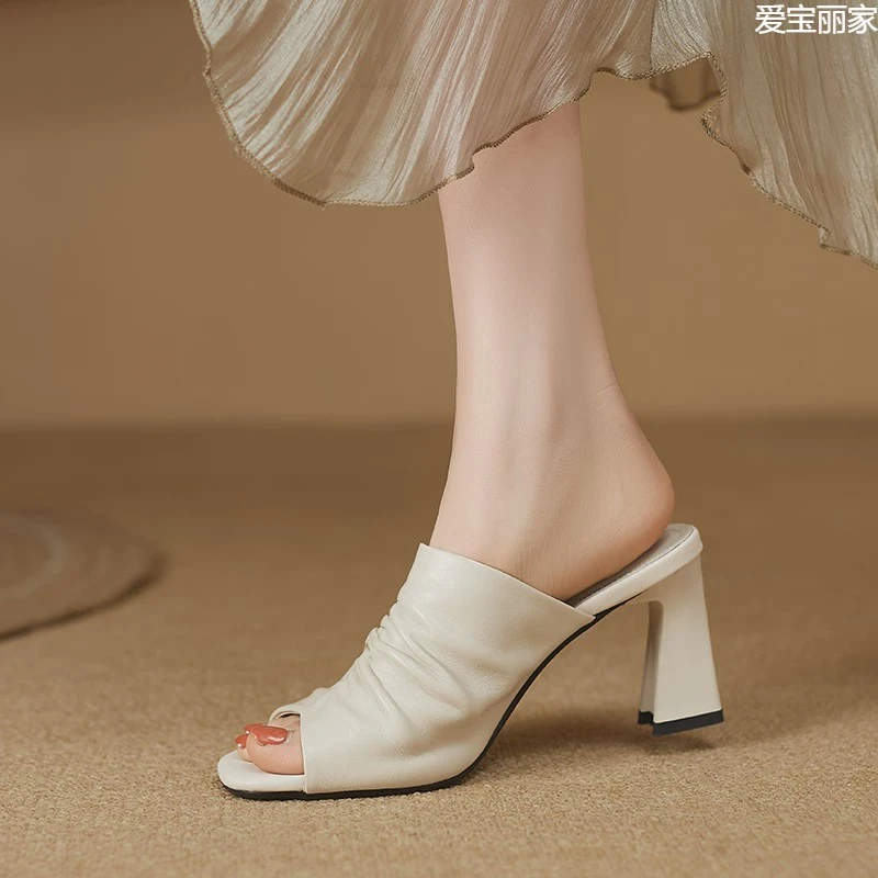 巨软羊皮高跟凉拖鞋女外穿2025夏季新款鱼嘴粗跟凉鞋真皮一字拖40