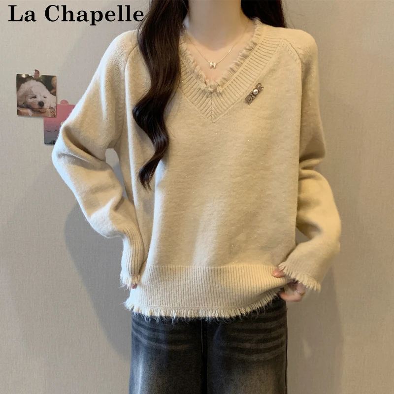 拉夏贝尔秋冬款大码女装胖mm毛衣V领针织衫流苏宽松显瘦正肩上衣