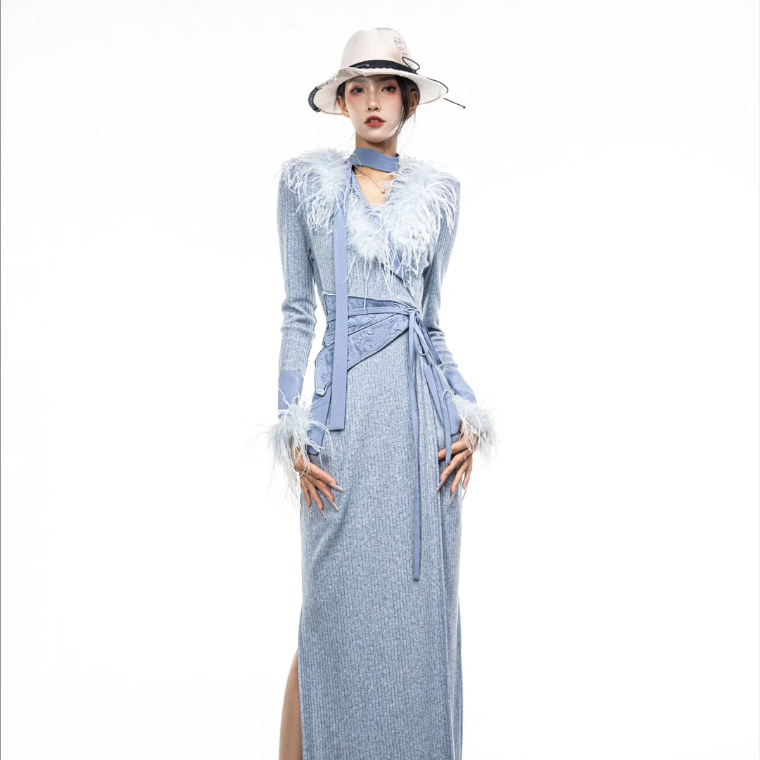 妖客游龙羽化登仙C220600针织羽毛刺绣连衣裙时尚国风设计师品牌