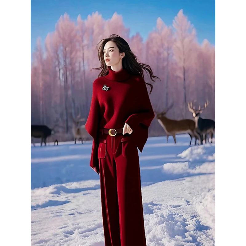 2024秋冬季穿搭一整套高级感圣诞风红色高领斗篷毛衣休闲裤两件套