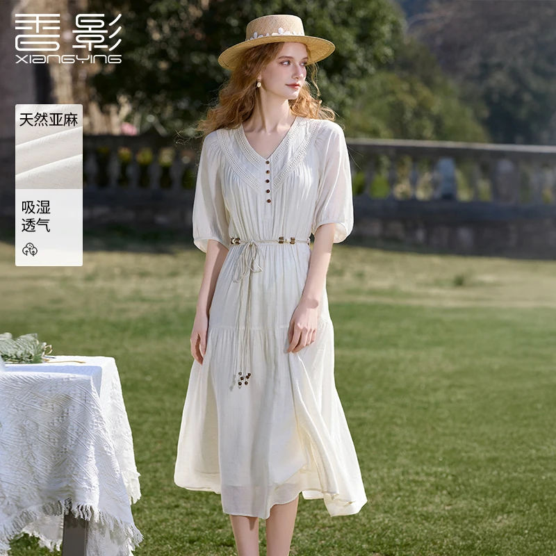 L85S340连衣裙 香影轻薄亚麻混纺连衣裙女夏季新款波西米亚裙子