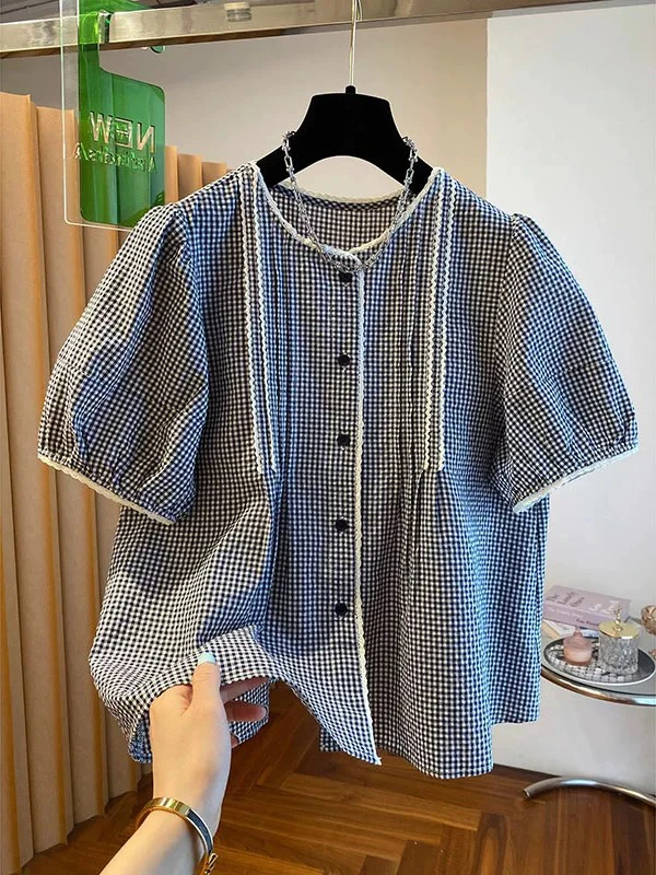 新疆包邮【701】泡泡袖格子小衫-衣长55