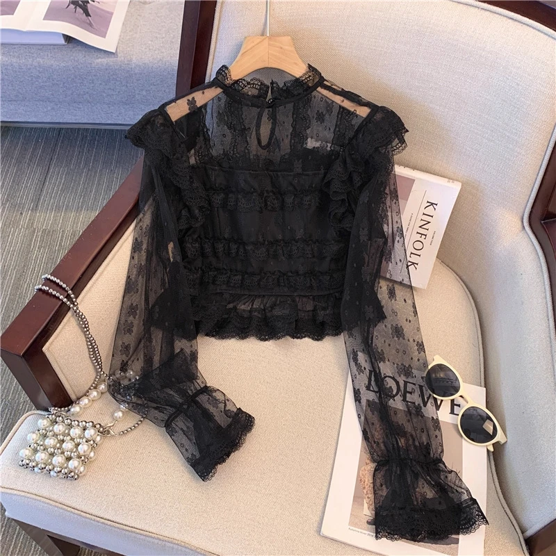 新中式国风盘扣立领蕾丝衫女秋季长袖防晒微透衬衣高级感网纱上衣