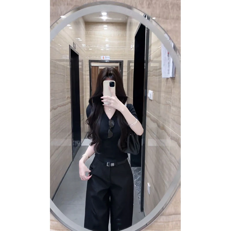 韩系极简风气质修身显瘦V领长袖上衣早秋高腰宽松直筒休闲长裤女