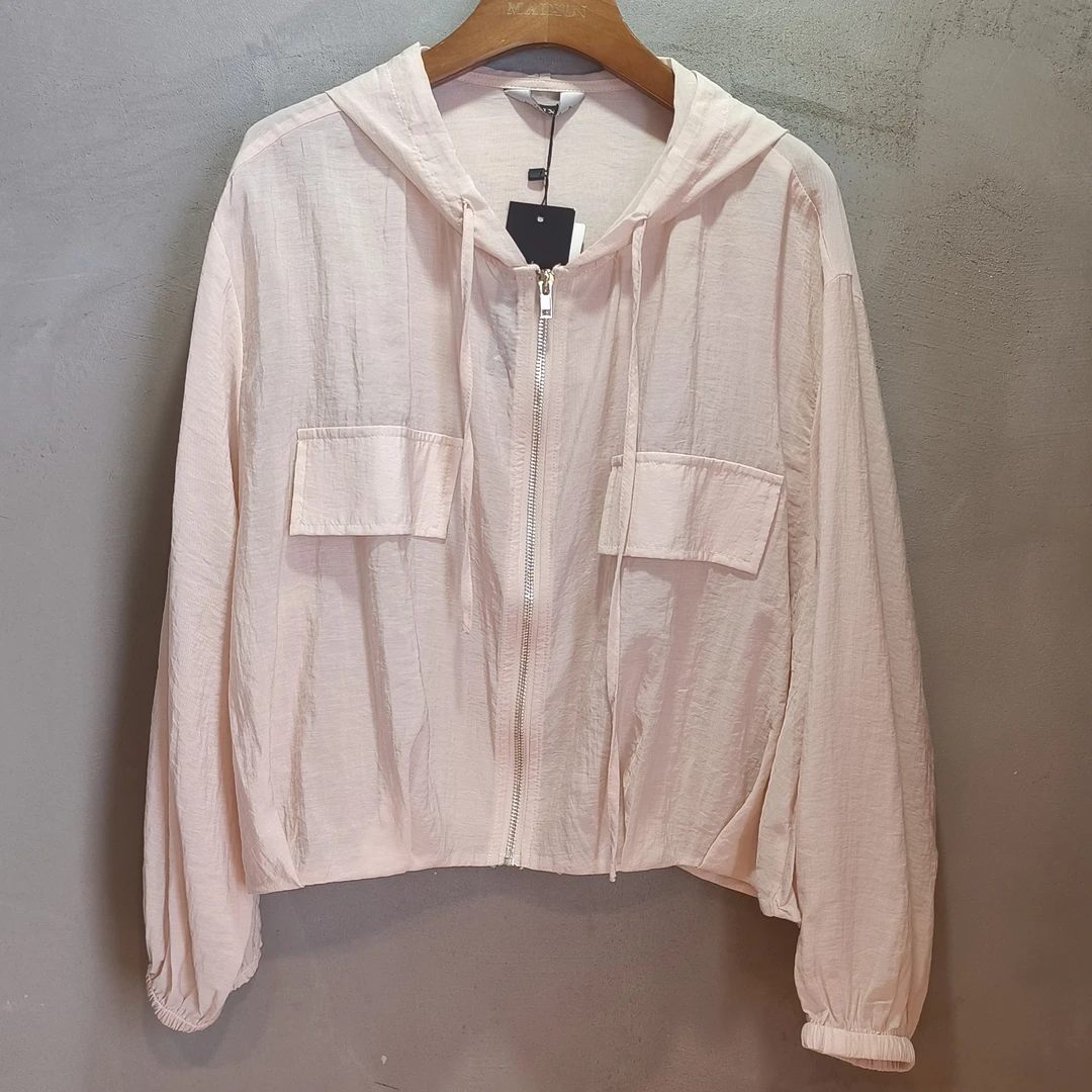 麦寻防晒拉链开衫连帽夏季短外套抽褶纯色长袖极简风