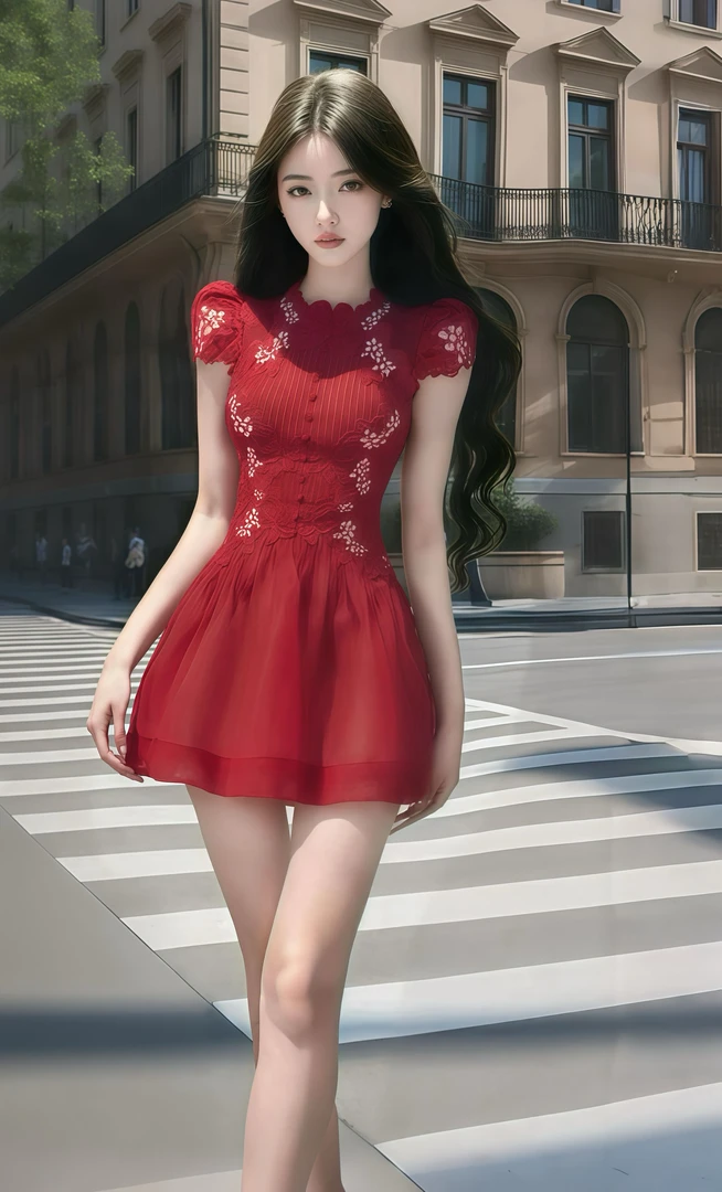 新款红色短袖圆领蕾丝连衣裙夏日收腰显身材约会性感高腰百褶裙子
