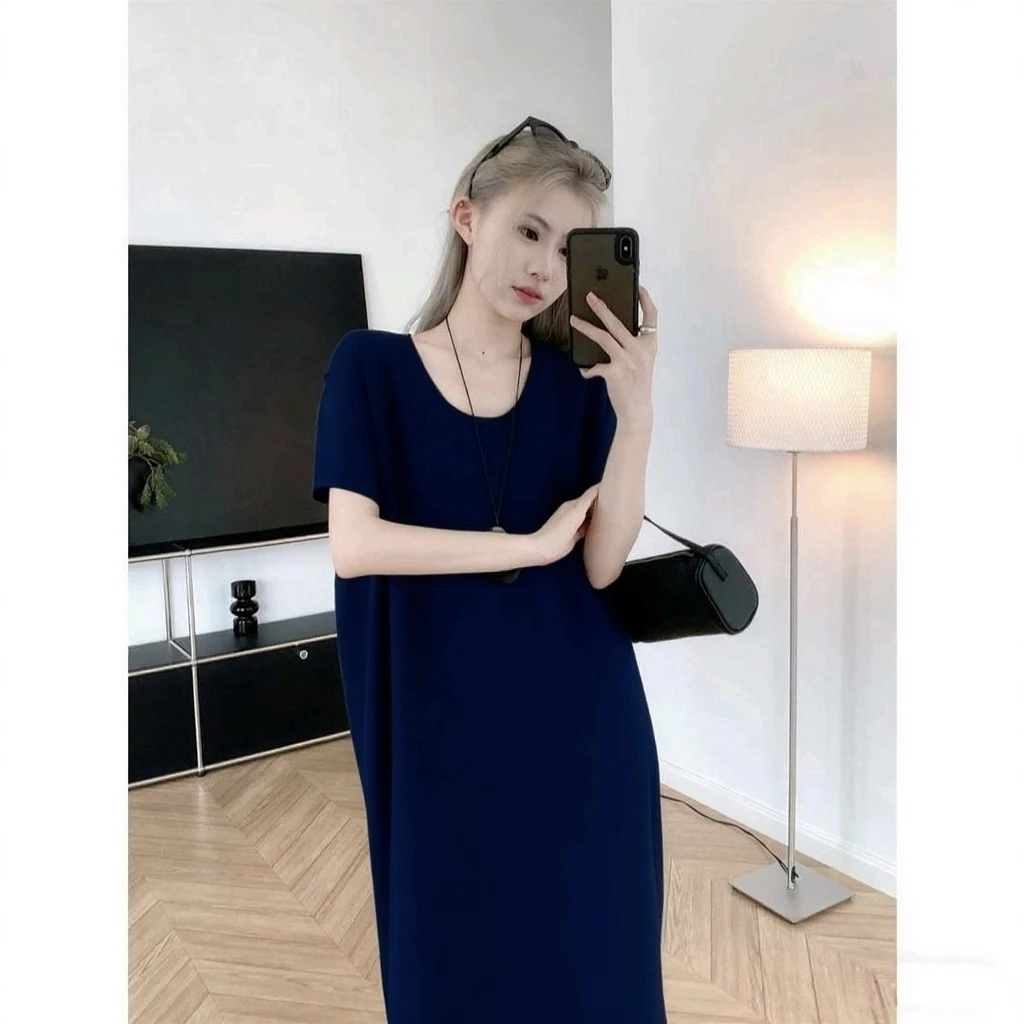 夏季直筒裙短袖两件套连衣裙韩版纯色失序混搭风