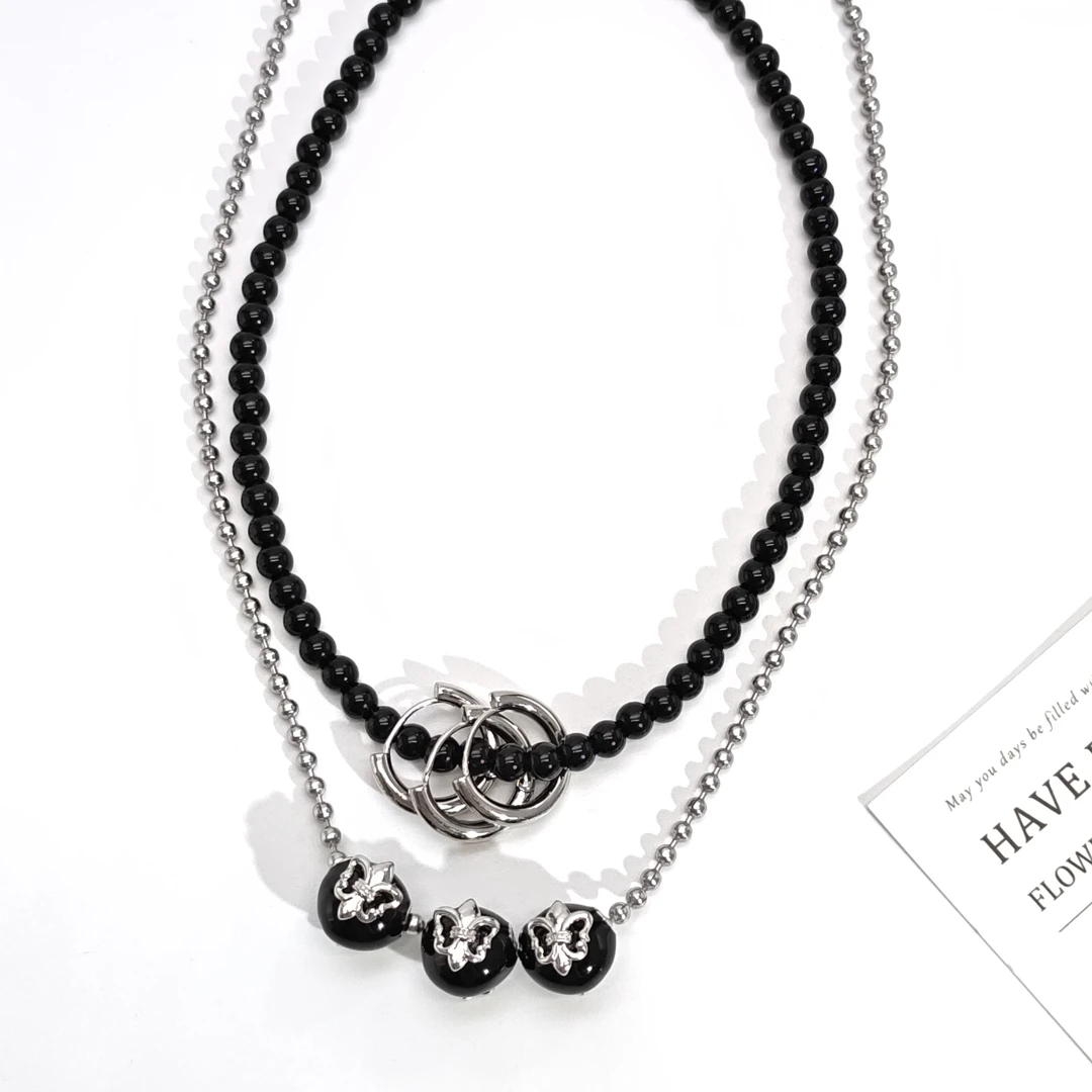 铜合金仿珍珠项链 06942简约设计感时尚三黑球船锚个性双层项链