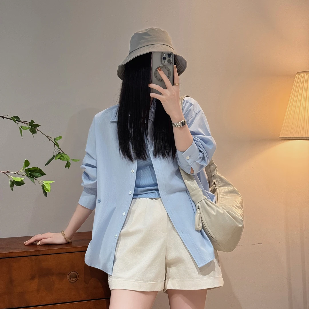 蓝色衬衫女2025新款爆款洋气夏季外穿衬衣宽松上衣-M25112320