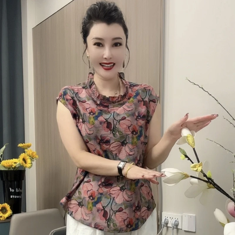 505衬衫圆领短袖夏季印花洋气打底套头花色气质衬衫碎花时尚显瘦