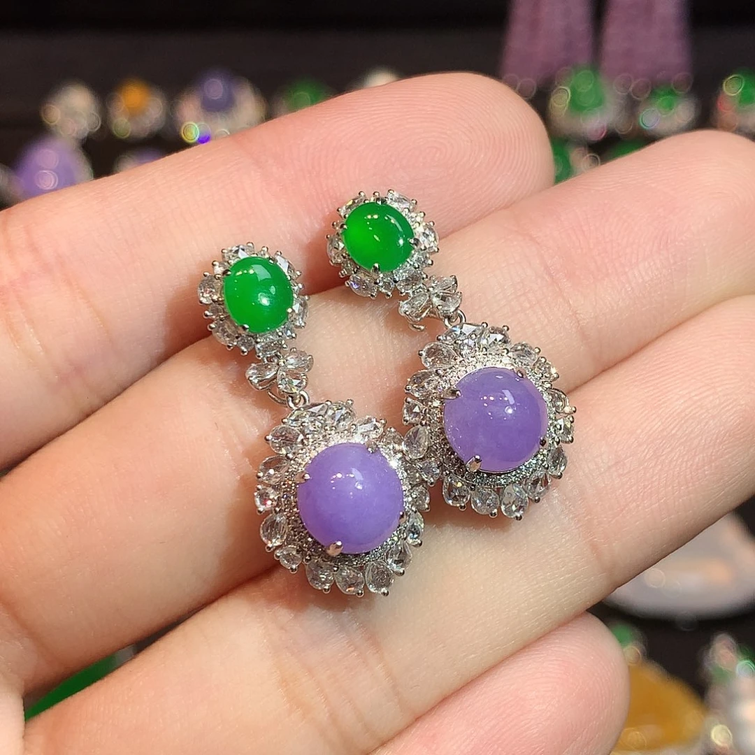 翡翠18K金镶嵌耳饰紫罗兰浓紫蛋面耳坠