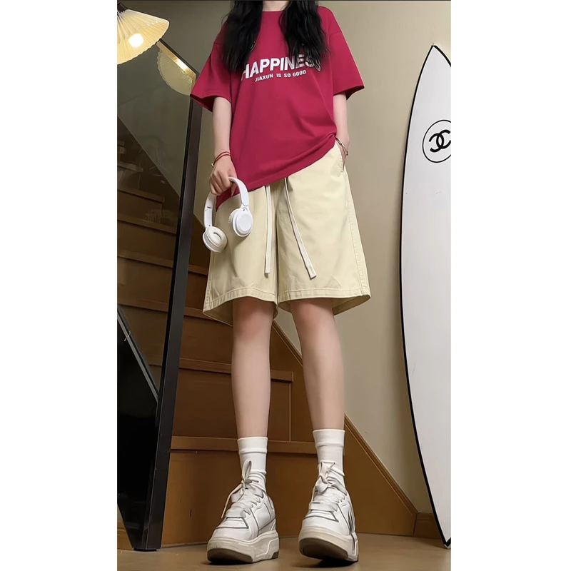 夏季新款美式高街纯色工装休闲短裤女潮流宽松直筒百搭五分裤子男