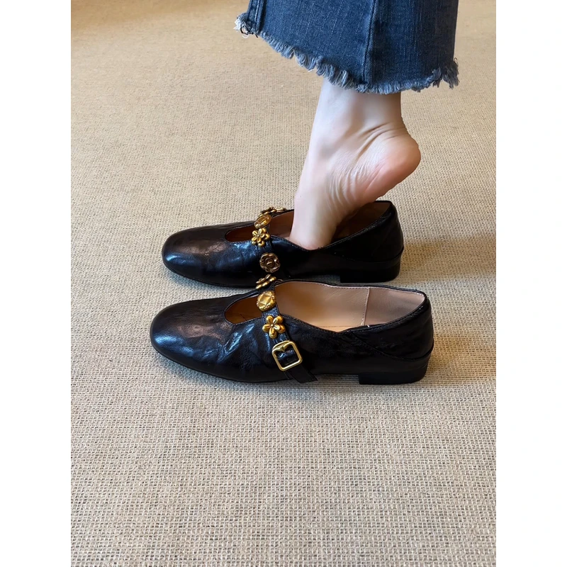 nnmiss·34-39/2cm巨软复古圆头浅口花朵一字带低跟通勤玛丽珍单鞋