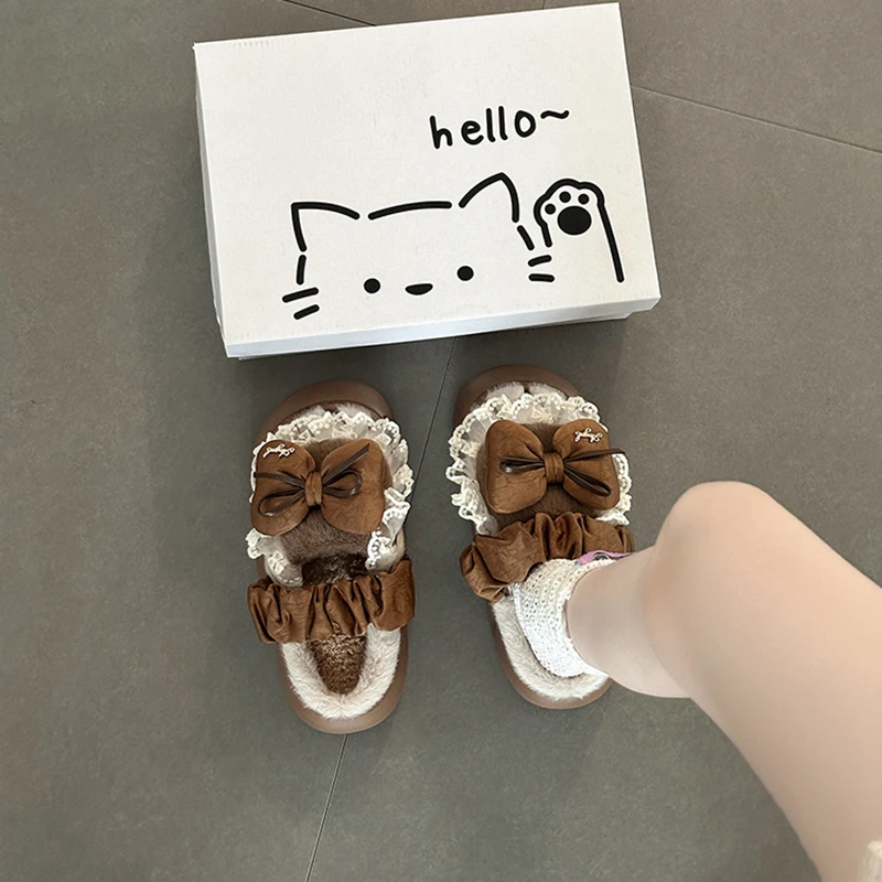 甜美风洛丽塔蝴蝶结毛毛鞋女2025秋冬新款外穿时尚百搭配裙棉拖鞋