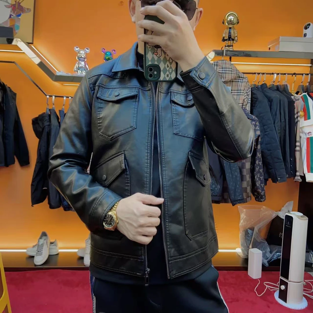 春季新款男士简约时尚修身轻奢皮夹克