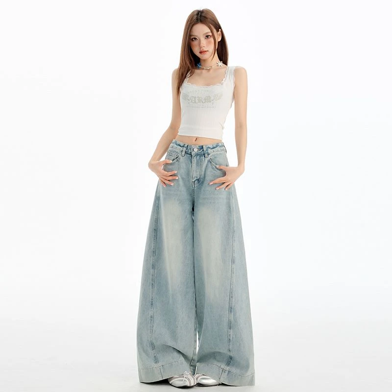 冰川蓝阔腿大裤脚牛仔裤女2025秋新款高腰显瘦宽松慵懒风阔腿裤子