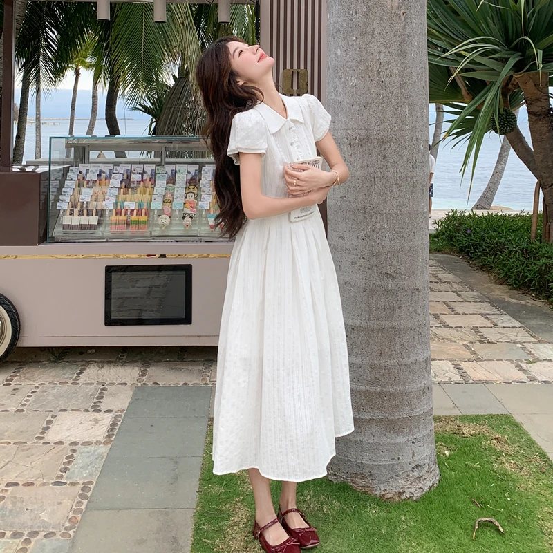 白色泡泡袖衬衫连衣裙女夏季2025新款韩系气质学院风收腰显瘦长裙