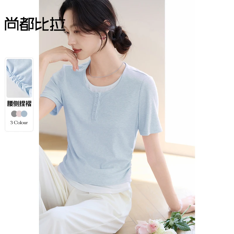 【拼接假两件】休闲拼接假两件侧腰捏褶门襟纽扣T恤D1712