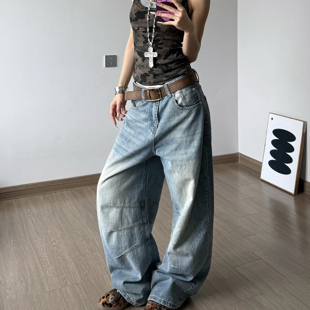 2025美式复古竹节纹弯刀牛仔裤纹理感cleanfit褶皱长款女