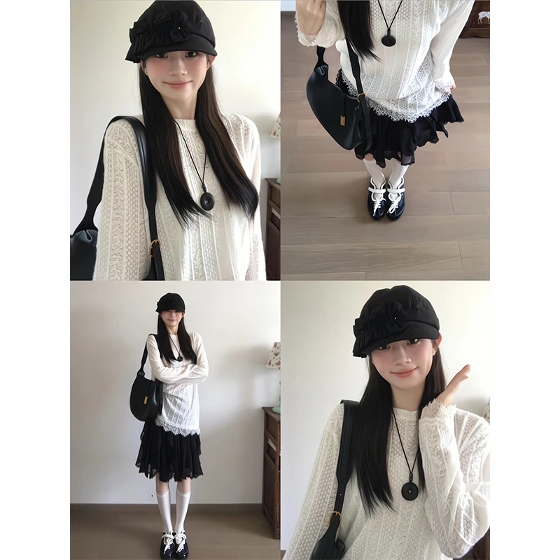 2025早秋季日系复古白色蕾丝拼接长袖T恤上衣女高腰显瘦半身裙子