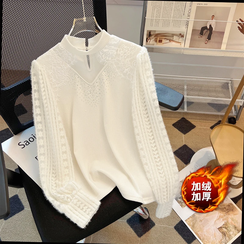 2025秋冬季新款长袖蕾丝打底衫加绒加厚气质显瘦洋气上衣大码