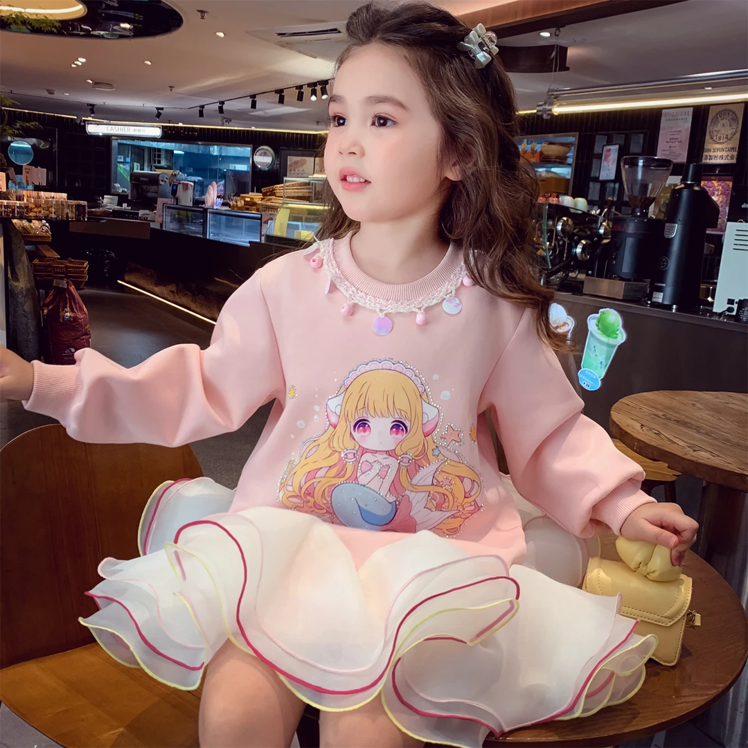 米米哈罗女童秋款时髦卫衣网纱连衣裙人鱼公主卡通卫衣裙Q25752