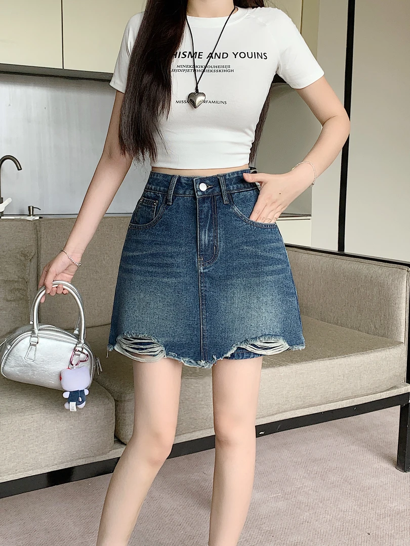 2025年大码女装夏季新款高腰破洞短裤显瘦牛仔裙裤3306