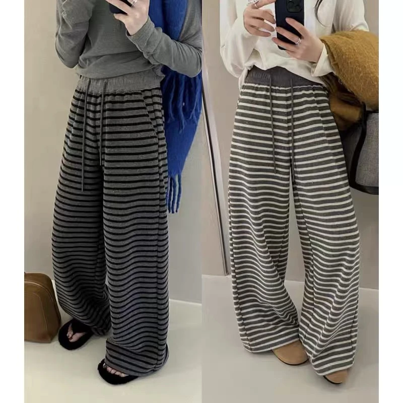 条纹阔腿裤女2025春季宽松慵懒感直筒休闲裤高腰垂感拖地长裤