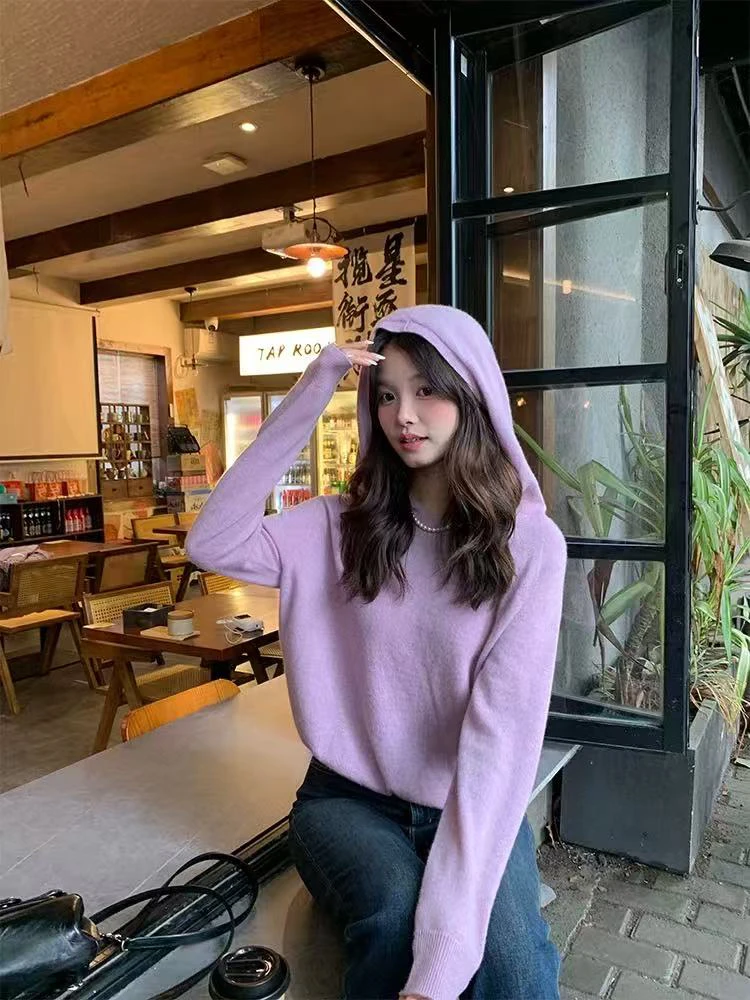9096松弛感春秋冬连帽毛衣针织卫衣帽衫百搭