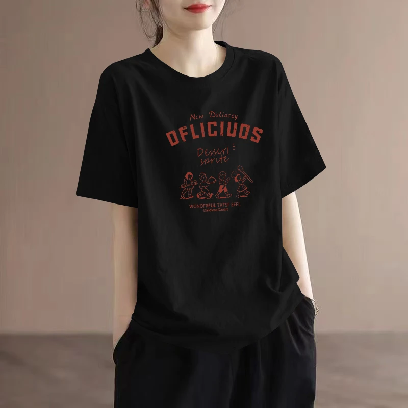 夏季新款纯棉圆领印花短袖t恤字母印花女时尚休闲半袖洋气衣服女