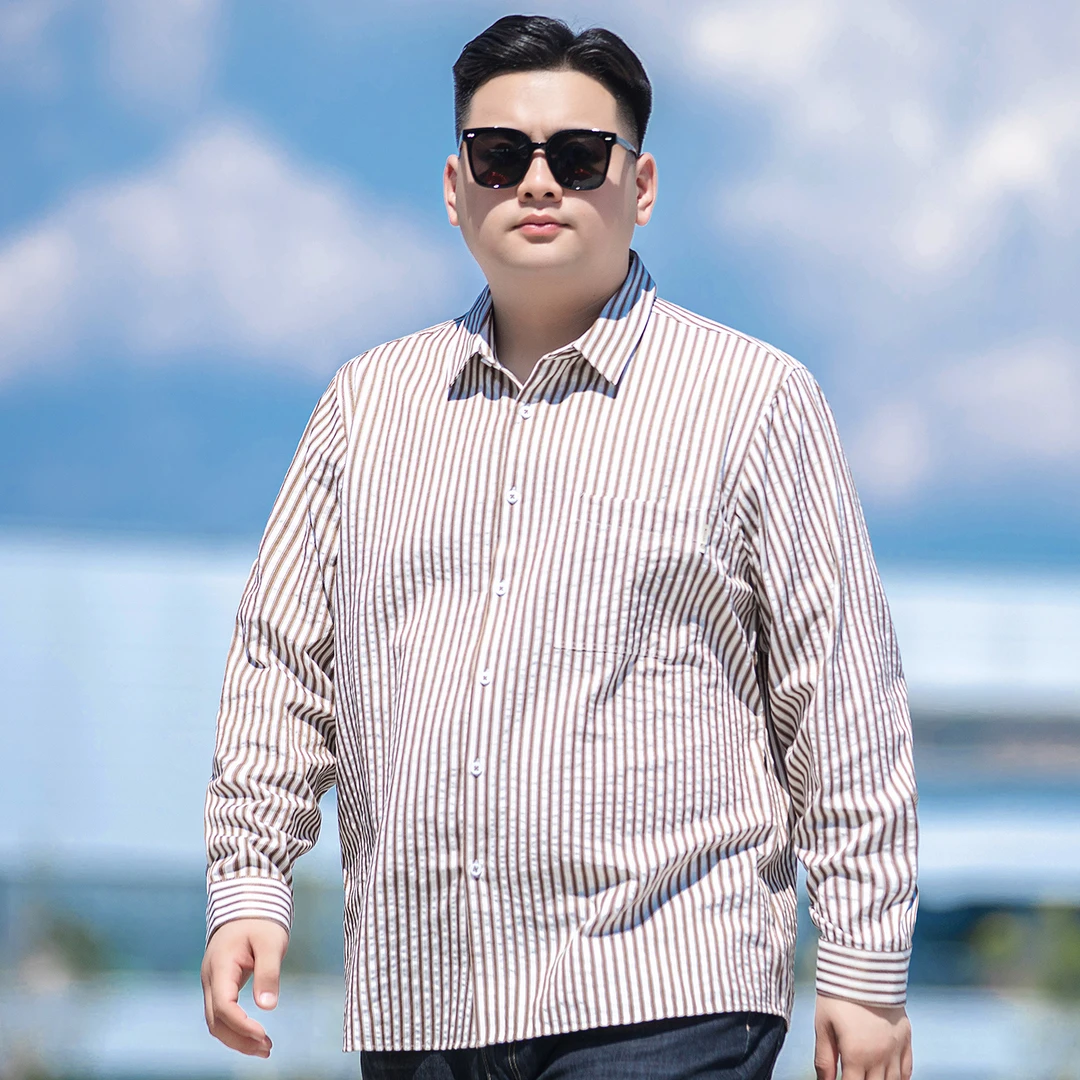 加肥加大春秋休闲条纹衬衫男长袖300斤胖子特大码棉质宽松衬衣