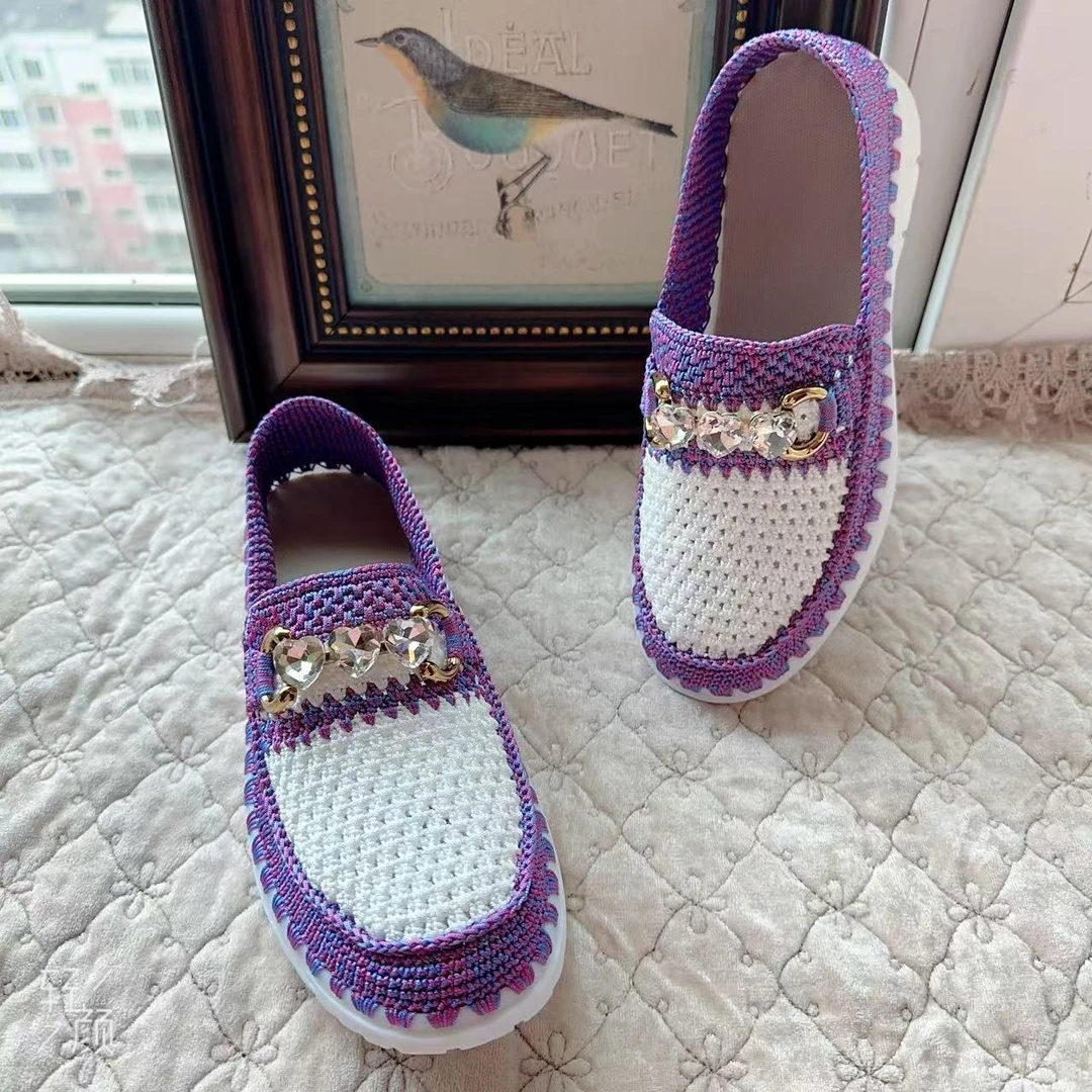 （成品鞋）时尚新中式钩织豆豆鞋个性水钻装饰防滑耐磨鞋底轻松舒适