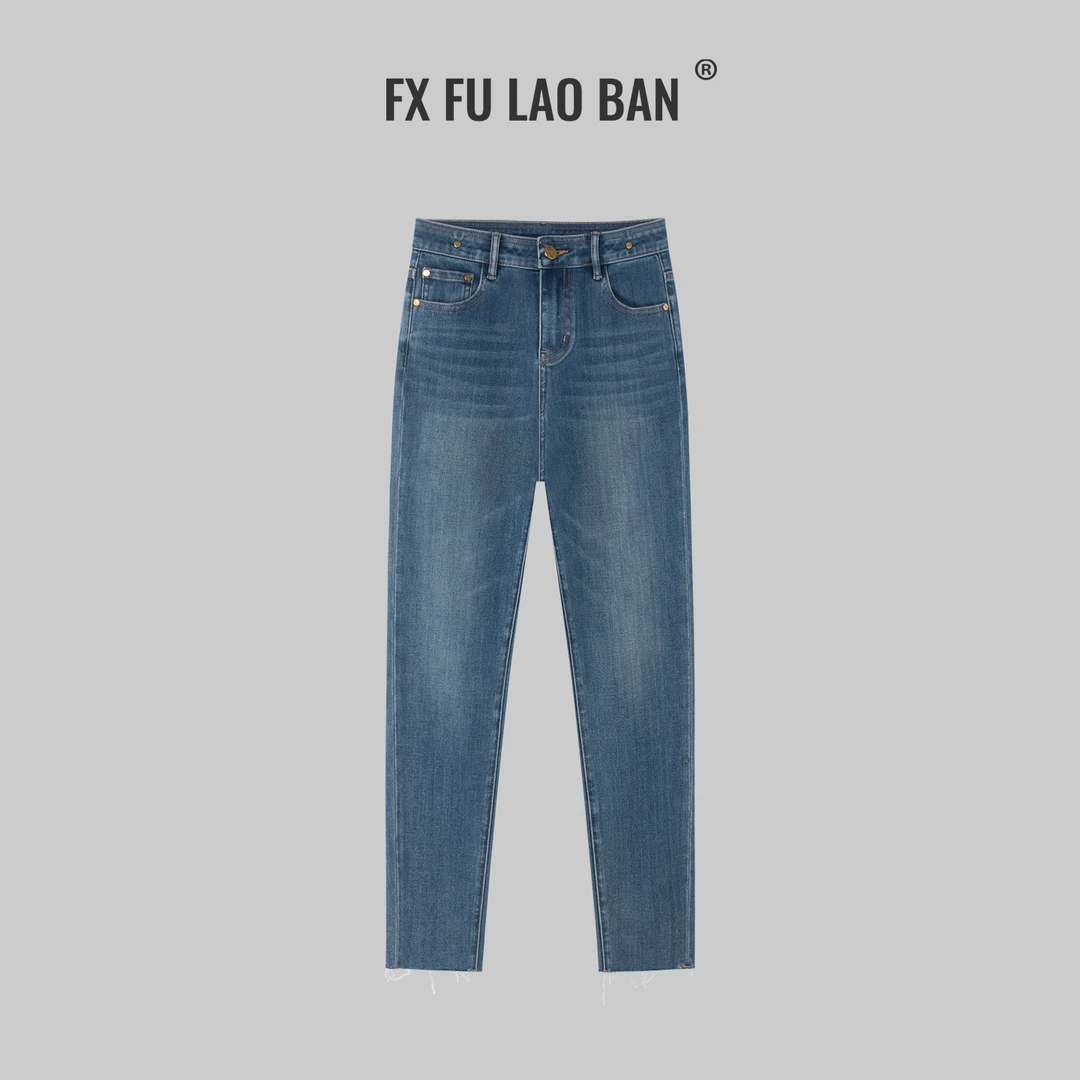 福老板水洗蓝高腰小脚牛仔裤女2025秋冬新款显瘦休闲紧身铅笔裤子