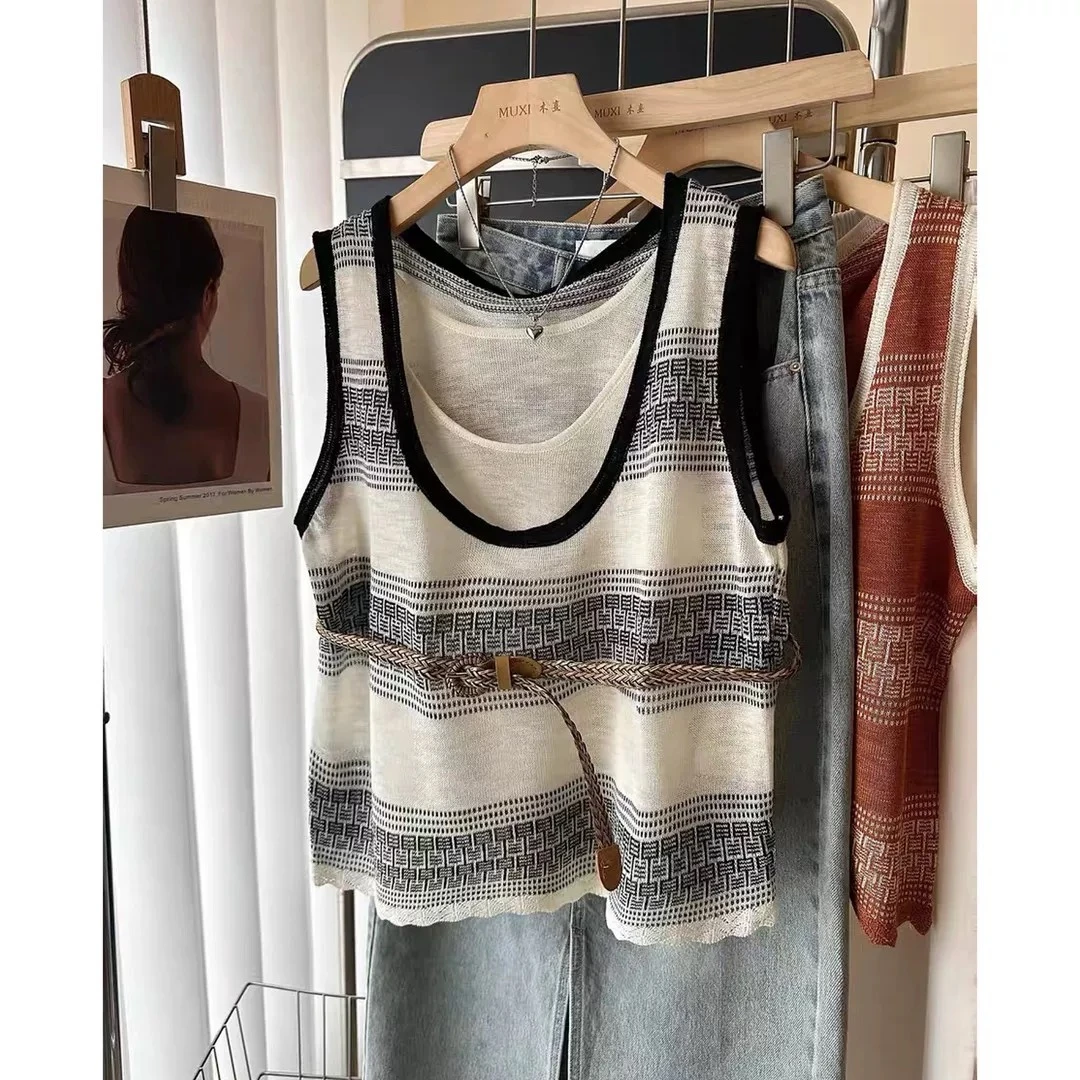 ins超火真两件条纹针织吊带背心女夏外穿2025新款巨好看无袖上衣