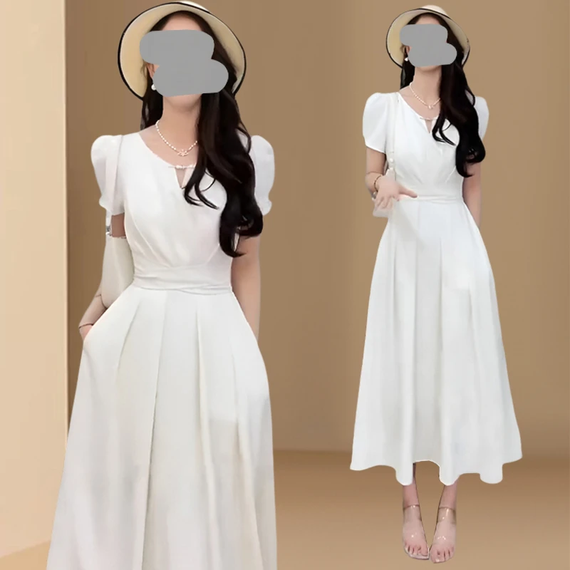 法式赫本风V领纯色连衣裙女夏季大码胖mm高级感收腰显瘦气质长裙