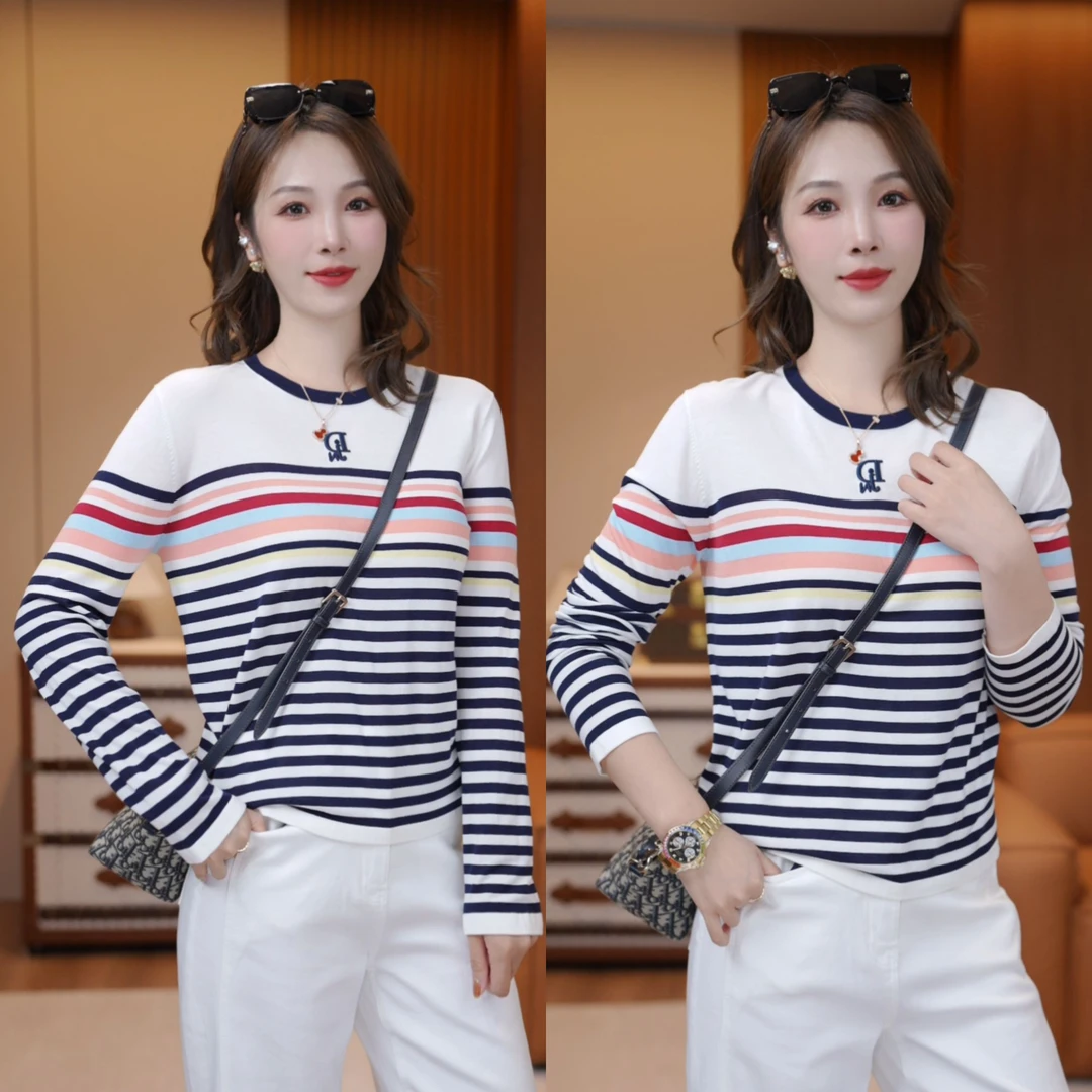 JDND轩羽【海魂衫】桑蚕丝+莱赛尔原创拼色条纹针织小衫XY25416