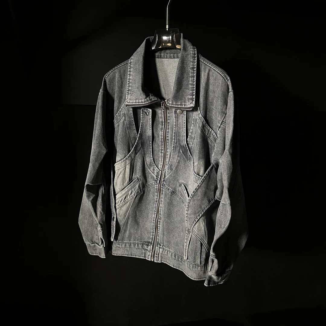 【冷目潮物质】复古做旧水洗重磅蓝色牛仔外套摇滚工装摇滚夹克上衣