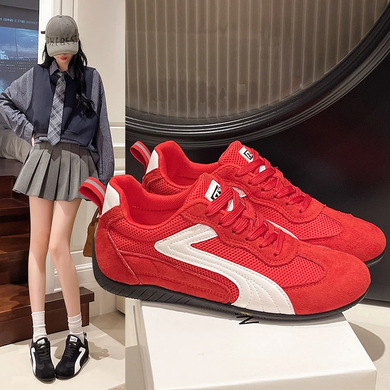 百搭新款爆款软底复古红色网面德训鞋女款轻便透气小众夏秋阿甘鞋