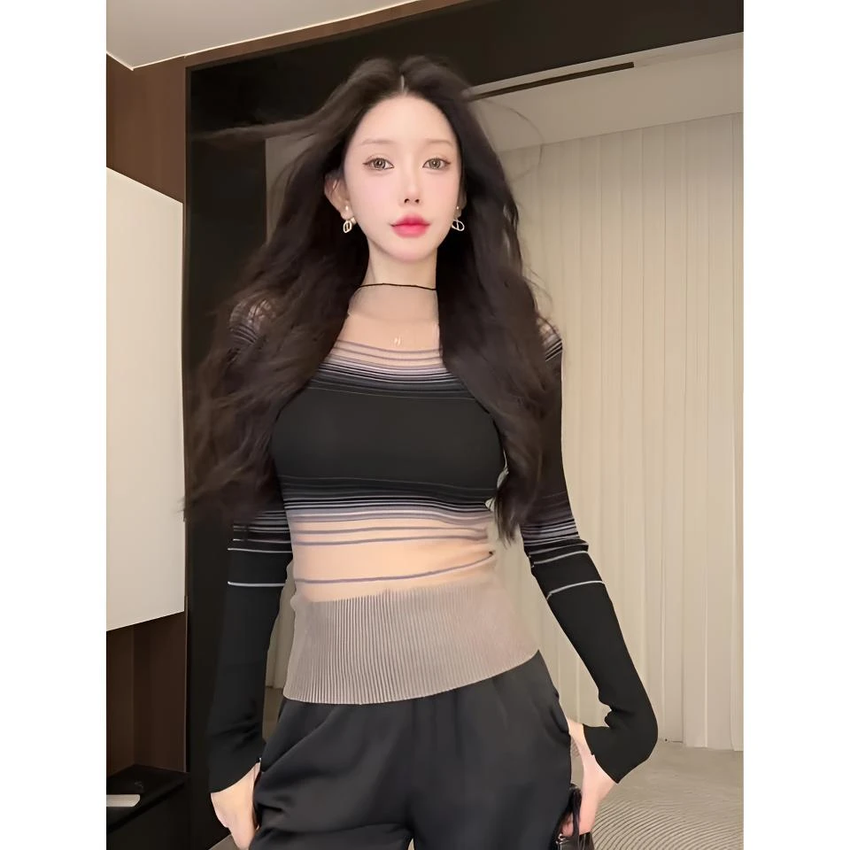 秋季新款撞色条纹内搭打底针织衫女纯欲复古气质修身显瘦长袖上衣