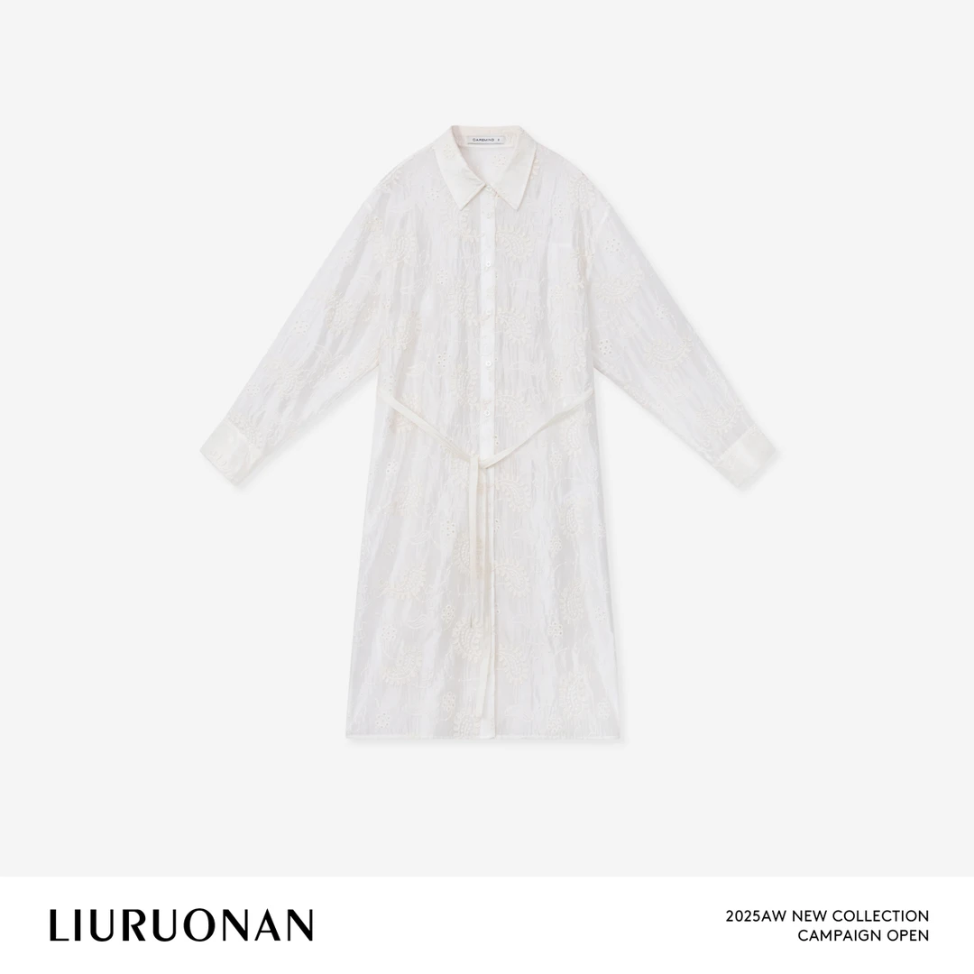 LIURUONAN 25FL【刺绣衬衫式罩衫裙】立体绣花束腰宽松衬衫连衣裙女