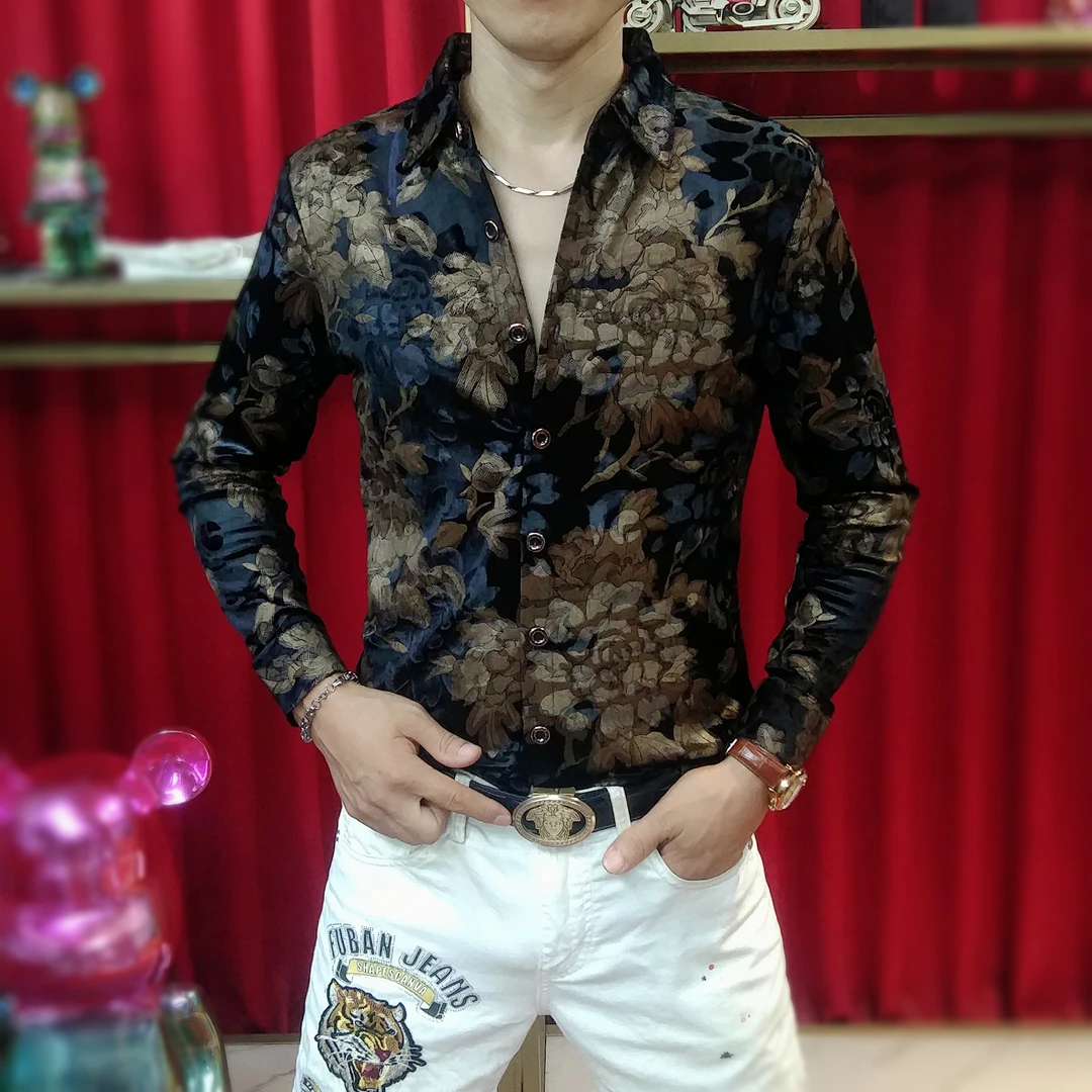 新款2025男士秋季潮流时尚翻领休闲衬衣个性修身百搭丝绒长袖衬衫