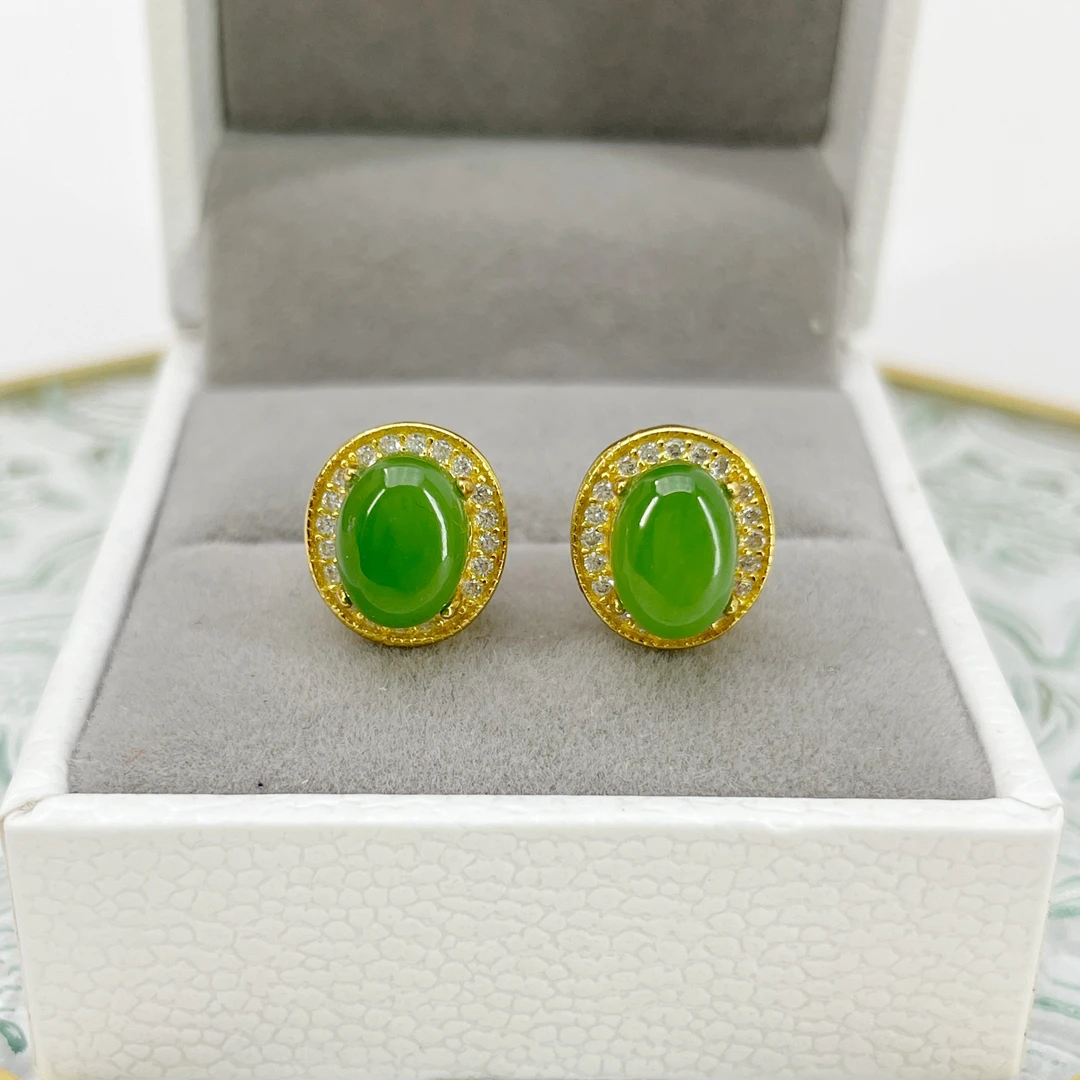 和田玉耳钉碧玉耳钉S925银百搭满绿气质设计小众玉耳饰M-584