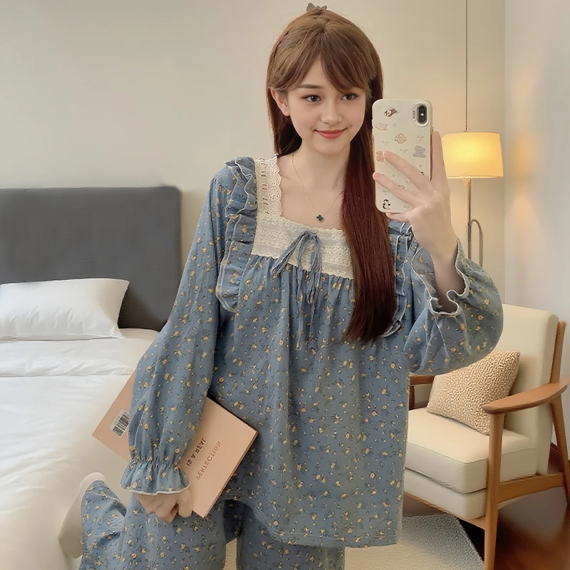 带胸垫睡衣春秋季2025新款蓝底小碎花休闲可外穿家居服套装
