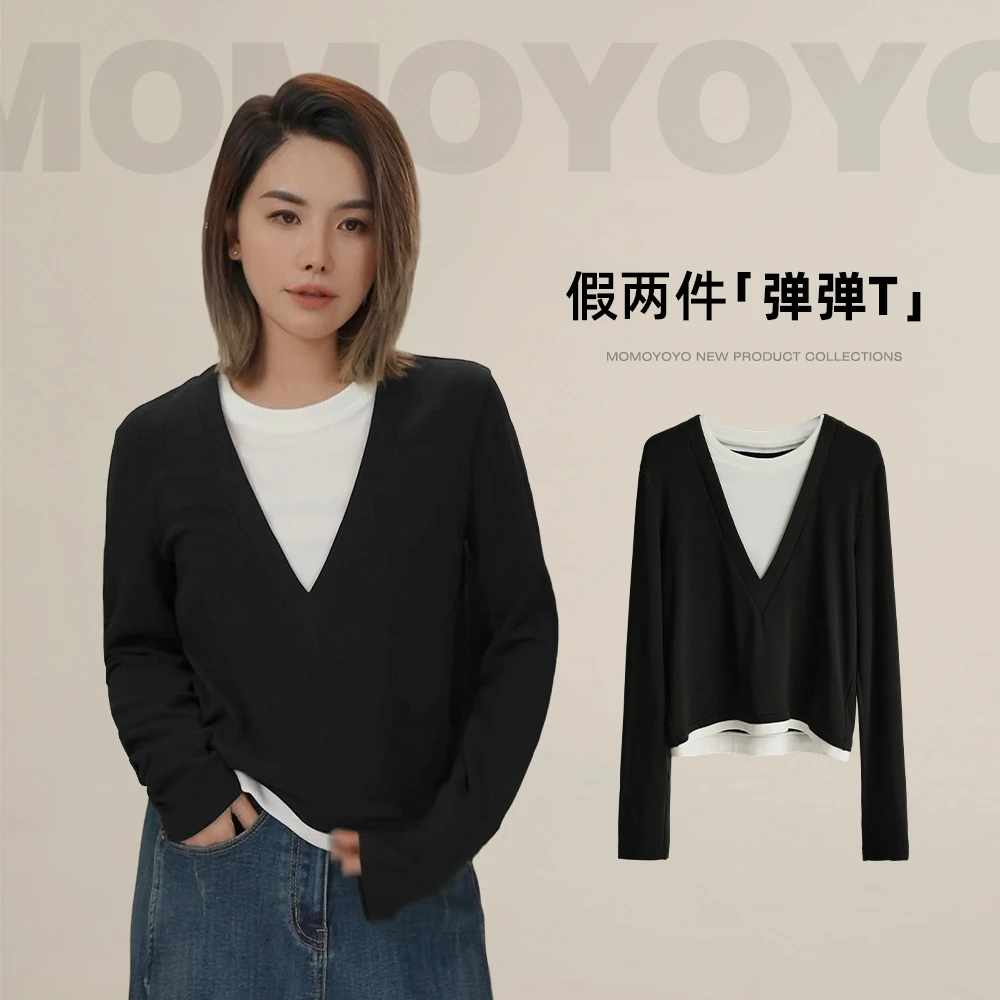 辰辰妈【情绪价值】秋装弹力气质显瘦假两件深V领T恤儿童8416DM