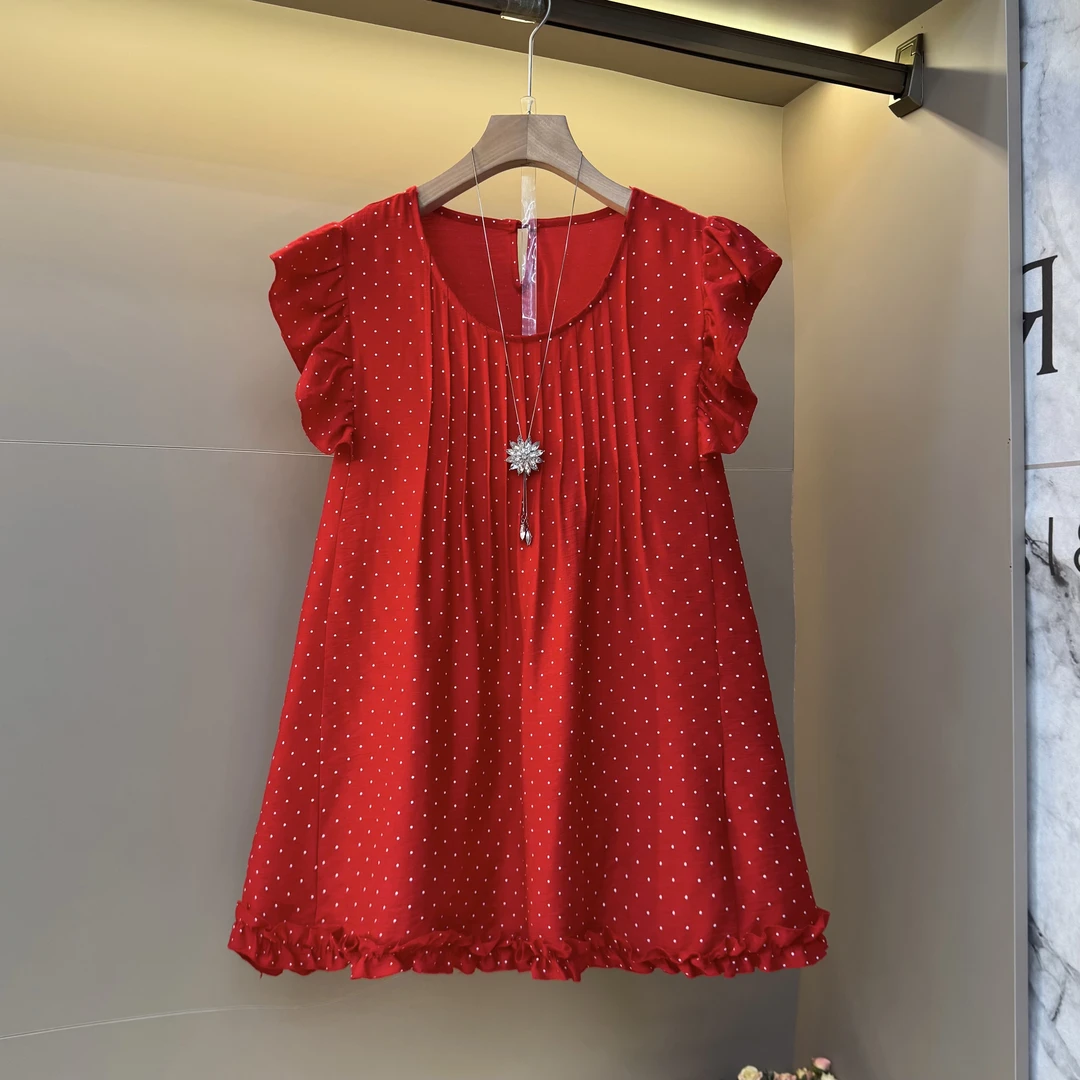 2025韩系法式复古波点圆领飞飞袖底摆木耳边减龄宽松大码上衣1582