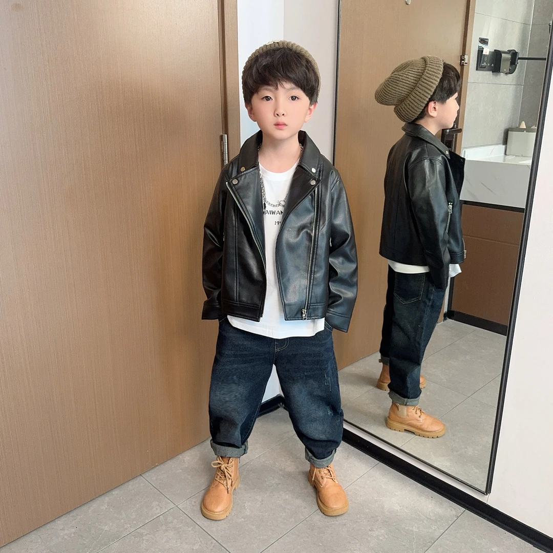 儿童短款皮衣2025春秋季新款男童时髦洋气夹克男孩秋款机车服外套