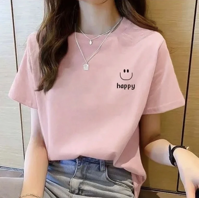 女款彩色纯棉短袖T桖【笑脸HAPPY】百搭夏季印花圆领简约