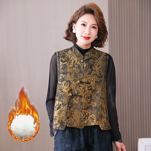 新中式国风提花马甲女款春秋坎肩外搭上衣妈妈冬季唐装夹棉小背心