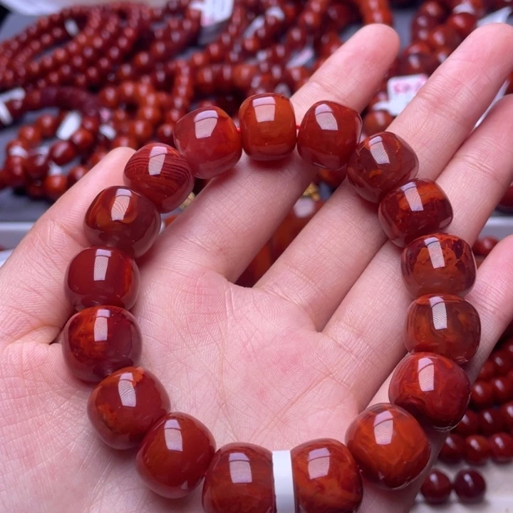 南红玛瑙未镶嵌其他（原矿）14mm高品瓦西玫红火焰纹老型手串